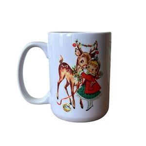 Vintage Style Christmas Mug Santa Reindeer Retro Holiday Coffee Tea Cup